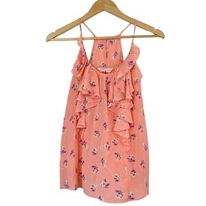 Rebecca Taylor Peach Floral 100% Silk Ruffle Sleeveless Semi-Sheer Top in Size 4